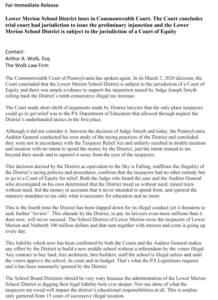 Arthur Wolk Press Release