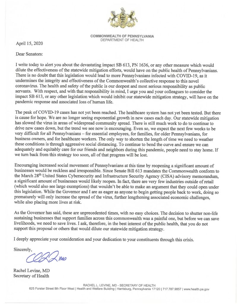 Rachel Levine Letter to PA Senate