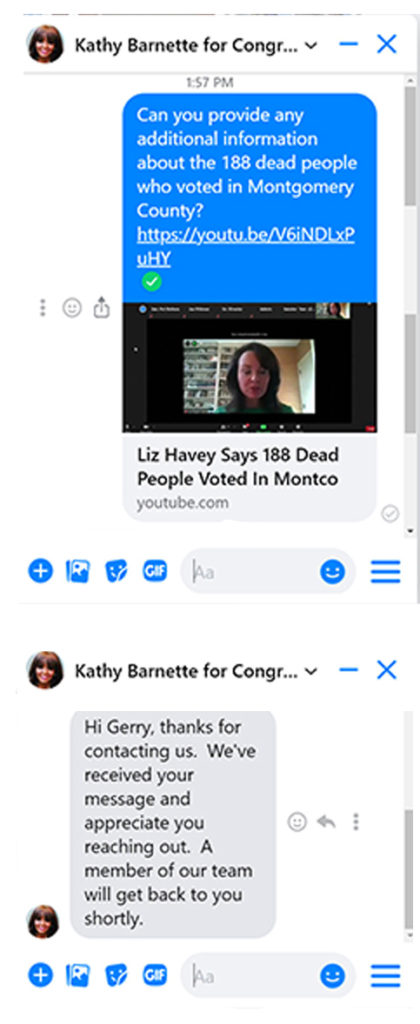 FB Message to Kathy Barnette