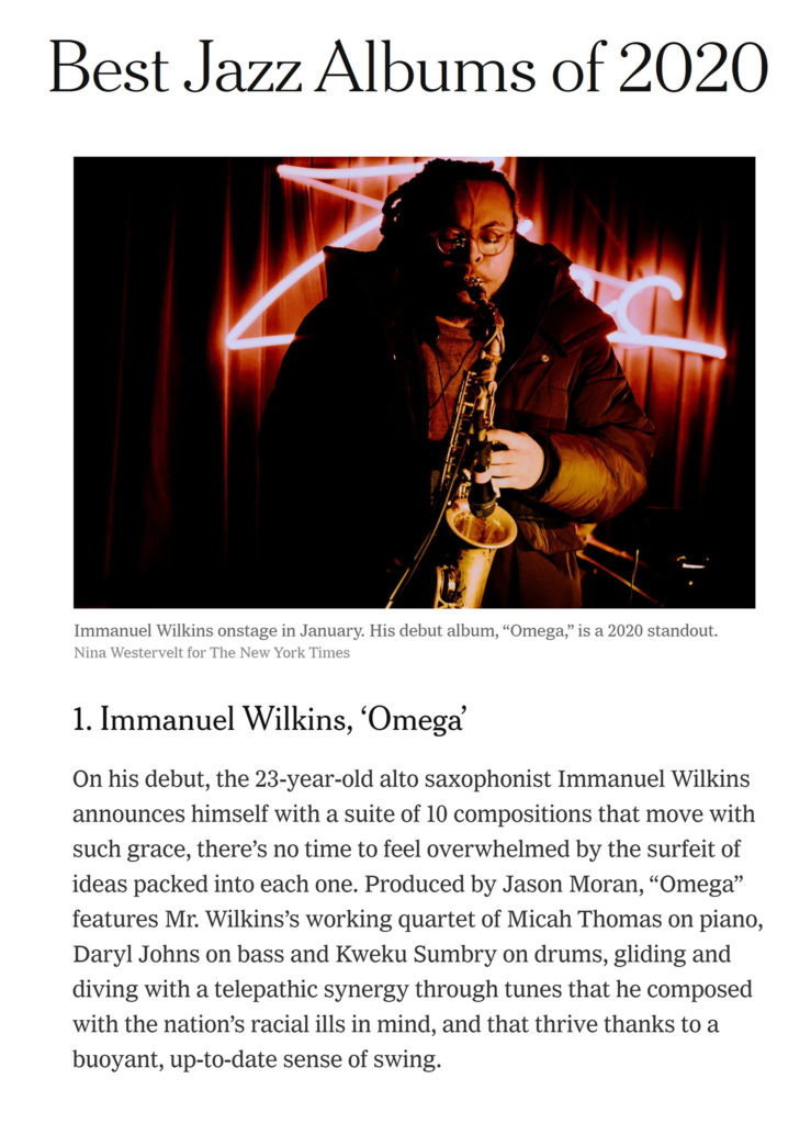 Immanuel Wilkins NY Times 2020 Best Jazz Album