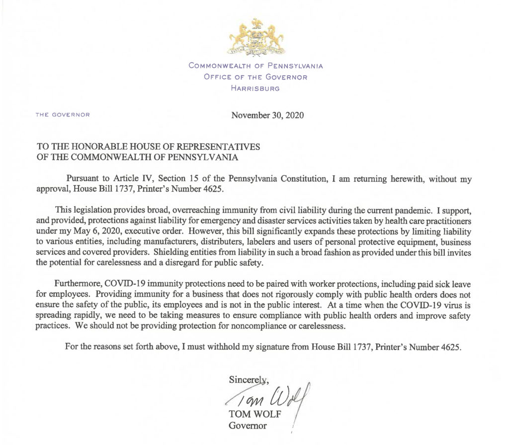 Wolf Veto Message of Covid Liability Bill